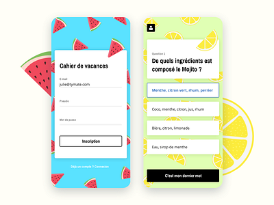 Holidays Workbook App animation app colorful design holidays illustration ios iphonex lemon login mobile question quiz app quizz sign in summer test ui watermelon workbook