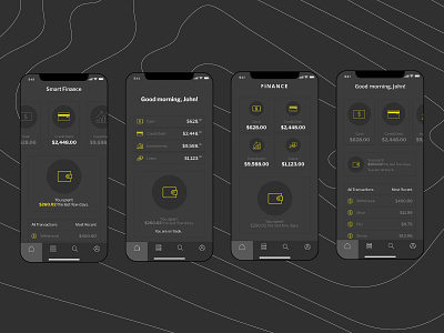 Home Screens (Dark Mode) for Finance App app circles dark mode design finance app home screen icon smartphone ui ux vector