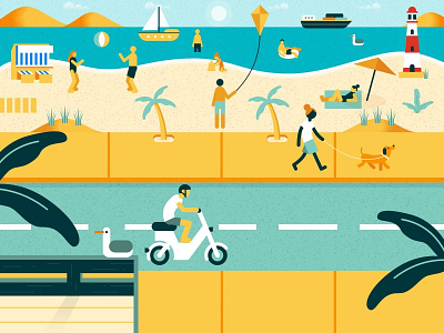 Beach Scene 😎☀️ art beach day design dog flat graphic illustration motorbike ocean ostsee palm poster sea sun sunny ui vector vectorart web