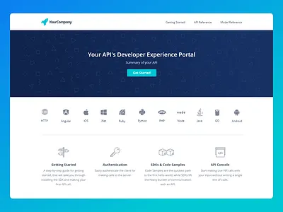 Developer Experience Portal - Landing Page api api docs code sample customizable developer docs experience home page landing page portal sdk ui ux