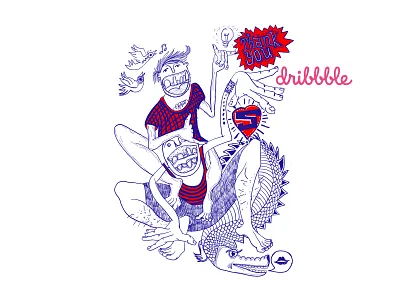 Hello dribbble! birds bulb crocodile design dribbble first shot flat heart illustration kiss love thank yout vector