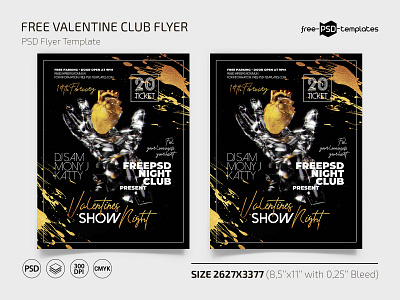 Free Valentine Club Flyer Template + Instagram Post (PSD) black club event events flyer flyers free freebie gold heart hearts instagram print psd socialmedia template templates valentines valentinesday
