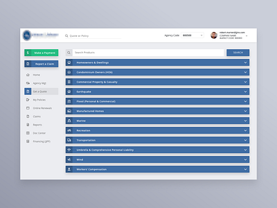 Insurance Dashboard - Get a Quote adobe xd collapse dashboard expand insurace list quote rows side nav table ui ux