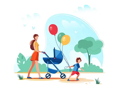 Young mother walks with children in the Park. baby boy cartoon character city design family flat girl illustration kid lifestyle little love man mom mother nature park vector