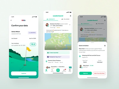 Leaderboard - Link Handicap, Notification, and Game Invitation app clean design feed game play golf golf match golf range golf round golf sport handicap match minimal mobile mobile app mobile design round sports app ui ux