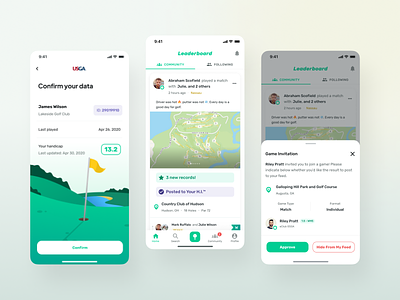 Leaderboard - Link Handicap, Notification, and Game Invitation app clean design feed game play golf golf match golf range golf round golf sport handicap match minimal mobile mobile app mobile design round sports app ui ux