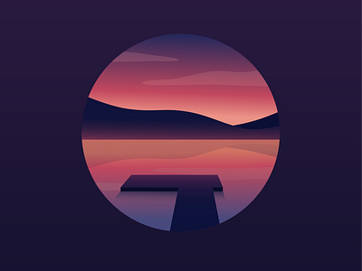Lakeside Sunrise color design dock flat gradient hills icon illustration lake landscape logo mountains pink purple sunrise sunset vector water