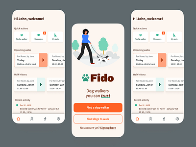 Fido, dog walking app app design ui