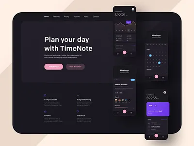TimeNote - Landing Page 🌙 app chart clean dark dark mode dark ui design finance icons landing landing page minimal product shadow task task manager typogaphy ui ux wallet