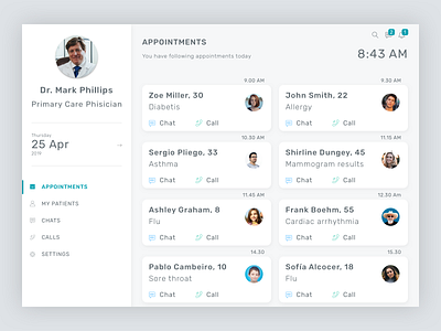 Telemedicine Doctor's Portal - Dashboard appointment appointments clean clean design clean ui clinic clinical dashboard dashboard ui ehr medical medical app medical design patients portal telemedicine ui white white ui