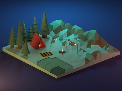 Long Hikes and Summer Nights 3d adventure aesthetic b3d blender camping design illustration isometric low poly neon