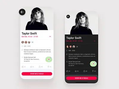 Event app - light and dark mode app application dark dark mode dark theme day event app ios light location night pop share sheet singer taylor swift ticket ui ux