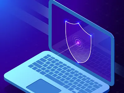 Protect your laptop. antivirus apple blue computer dark design flat illustration isometric laptop liquid mac macbook neon protect shield software technology vector virus