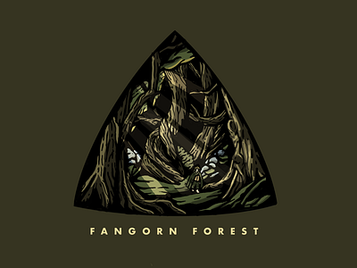 Fangorn Forest badge badge design badges forest green illustrate lord of the rings lott outdoors rocks tree trees triangle badge yellow