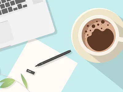Mydesk coffee computer desk illustration laptop macbook paper pen