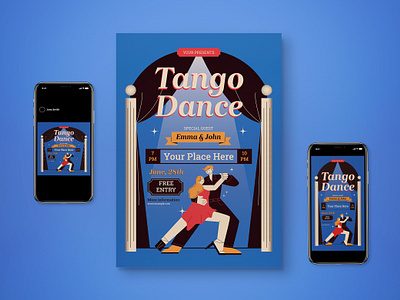 Blue Flat Design Tango Dance Flyer Set blue flat design flat design style social media tango dance tango dance flyer