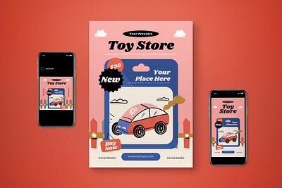 Pink Flat Design Toy Store Flyer Set flat design flat design style pink social media toy toy shop toy store