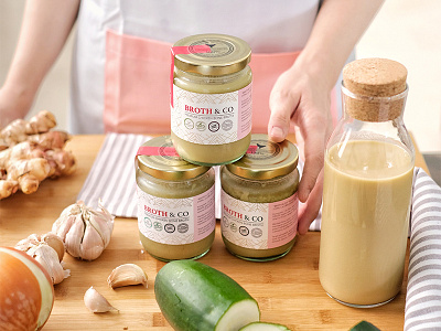 Broth&Co Jakarta Branding - Premium Chicken Bone broth broth packaging design brothandco brothandco jakarta brothco chicken bone broth gold and pink gold and pink branding jakarta premium chicken broth jar design