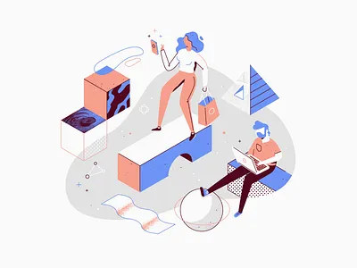 Online abstract character data illustration isometric laptop patswerk pattern shapes shopping space texture ui vector woman