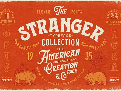Stranger Font Collection + Extras american badge badge fonts font collection font design font family fonts collection hand crafted hand made handmade font lettering fonts logo font logo fonts retro font retro fonts stranger stranger font collection vintage font vintage fonts vintage retro