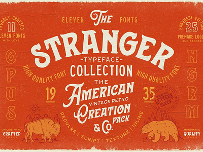 Stranger Font Collection + Extras american badge badge fonts font collection font design font family fonts collection hand crafted hand made handmade font lettering fonts logo font logo fonts retro font retro fonts stranger stranger font collection vintage font vintage fonts vintage retro