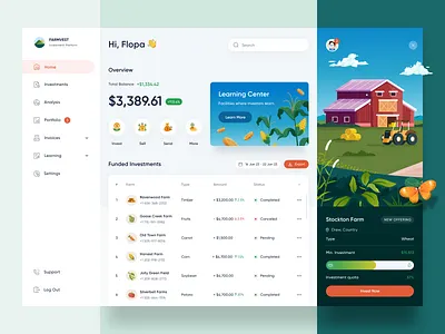 Farmvest Dashboard Interface 🌾 3d chart clean dashboard data desktop farm fun header icon illustration invest management mobile money orely plant ui website