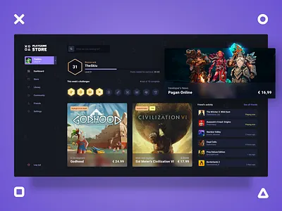 Playgame Store - Dashboard achievements app concept dark dashboard design friends game game hub game store gaming hub landing page platform store store app store design ui ux webdesign