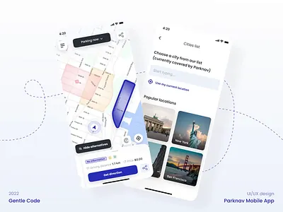 Parknav Mobile App after effects animation app car components figma graphic design map mobile app motion graphics navigation parking parking app product typography ui ui kit uiux ux waze