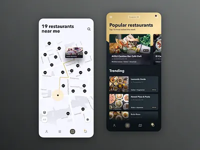 GoOut - Restaurant Guide app concept dark dinner discount eating food gold light map mobile restaurant ui warsaw