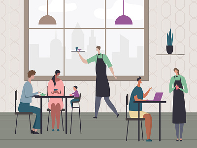 [2/2] Cafe. Interior. 2d cafe character dribbble family flat illustration vector waiter waitress