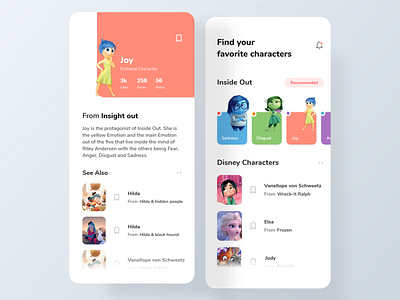 Disney Characters App #2 app cards characterpage design colors design disney homepage design icons inside out ios joycharacter typography ui uidesign uidesigner uiux uiuxdesigner ux uxdesign visual design