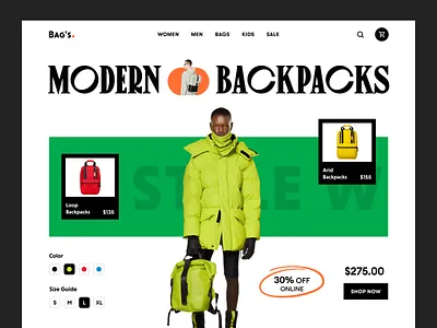 BAG's. Backpack Store Website apparel backpack bag bag shop cart design e commerce ecommerce fashion landing page layout minimal online store priduct product shopping app store uiux web design website