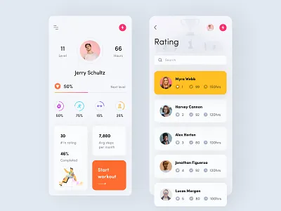 Fitness app account activity app contacts fitness fitness app illustration interface ios iphone x level mobile profile rating search sport training ux workout yoga