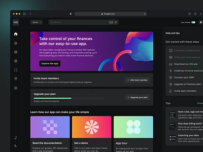 Financial web application - Onboarding app clean dark dark mode dashboard design getting started gradients help center illustration in app help center minimal onboarding onboarding screen saas steps tips ui web app welcome screen