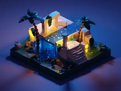 Ruins 3d 3d art blender blender3d design diorama isometric isometric art low poly lowpoly night palms ruins runes