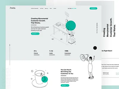 Pronto Homepage clean illustration lead generation modern news sketch stats testimonials ui ux web design website