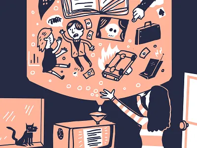 Blog Illustration for Submittable art book danger digitalart fire holdingitup illustration joshquick linework pink skull story watercooler words