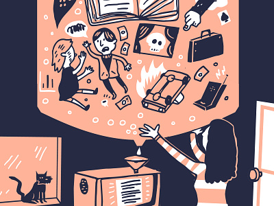 Blog Illustration for Submittable art book danger digitalart fire holdingitup illustration joshquick linework pink skull story watercooler words