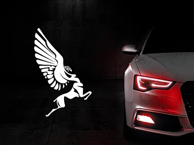 Resonate Film Logo Icon black car flying horse logo red sportscar vehicle white wing woman