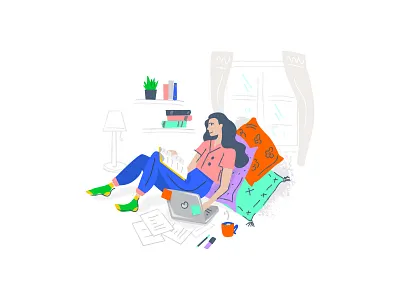 Illustration book branding colorful computer cute design drawing education flat girl handdrawn home house illustration interior neon study vector
