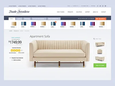 Customize your furniture website add to cart call to action clean ux color palettes customize product ecommerce design ecommerce website furniture app furniture store furniture website online shop product product card product design product page sofa ui ux ui ux design visualization website layout