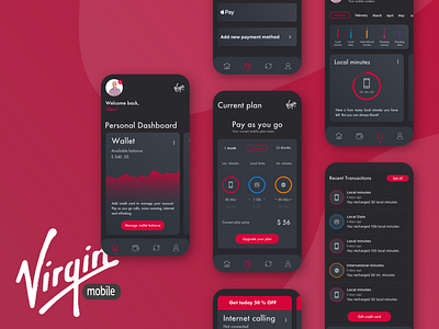 Virgin mobile app design app branding chart clean colors dark ui data data visulization design minimal mobile mobile app product product page red ui uiux user interface ux virgin