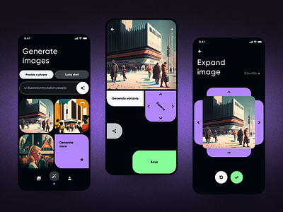 AI Image Generator App ai app artificial intelligence black brutalism clean create dark mode design flat gradients image interface mobile nft shapes ui ux vibrant