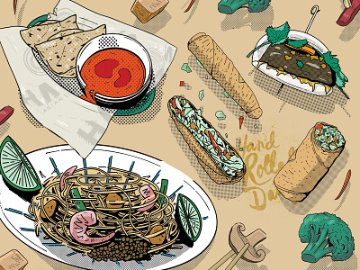 Asian food illustrations chinese cusine egg roll halftone japanese noodles pad thai pattern procreate repetition roti canai vegetables