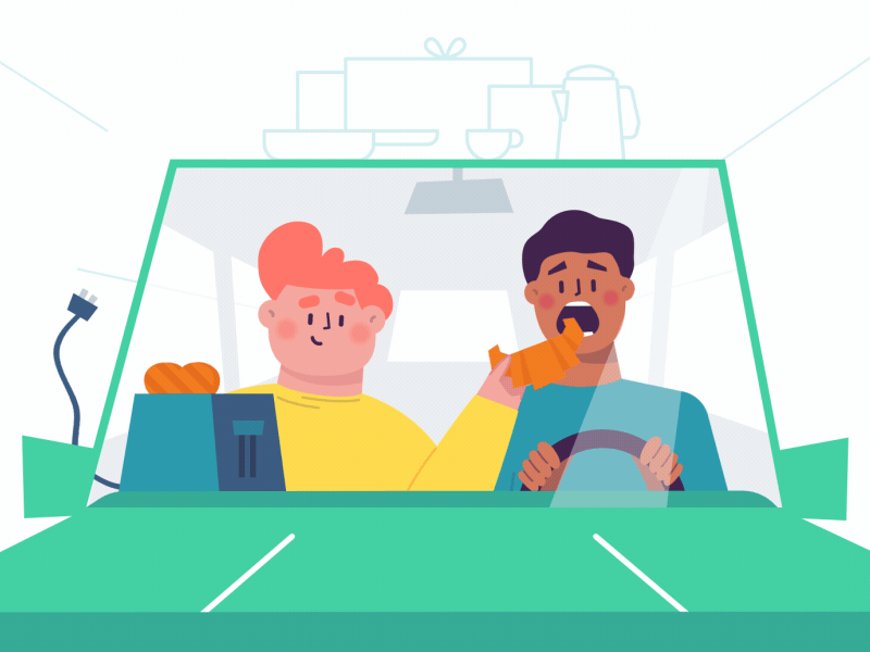 Breakfast on-the-go animation app breakfast car character chew croissant drive driving eat explainer food gif ride share rideshare ridesharing share startup