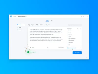 Monkeylearn app blue bold checkboxes clean design hellohello integration interface minimal monkey monkeylearn monkeys simple tag ui ux web website white