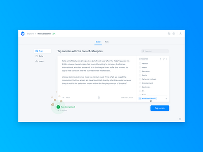 Monkeylearn app blue bold checkboxes clean design hellohello integration interface minimal monkey monkeylearn monkeys simple tag ui ux web website white