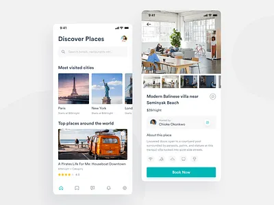 Discover & Detail amenities app booking clean design discover experience hotel interface mobile places search travel typography ui ux