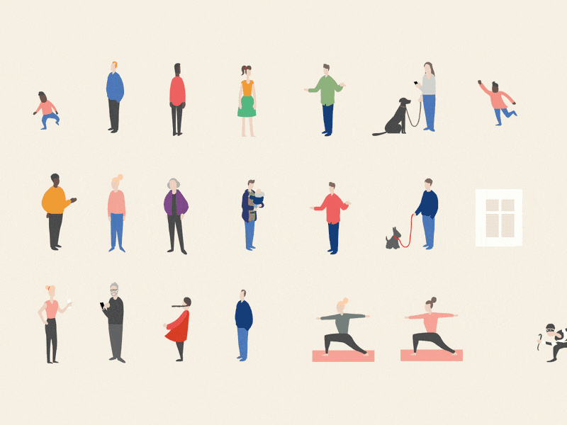 Nabohjælp (Neighbourhoodwatch) baby boy characters dog girl man woman yoga