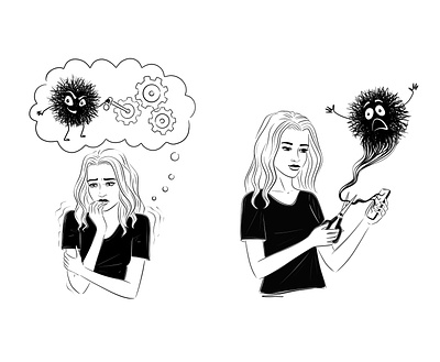Line art woman illustrations. Stress and mental health book anxiety black and white blog depression drawing girl health illustration ink line drawing lineart mental health minimal people portrait psychology sketch stress vector woman